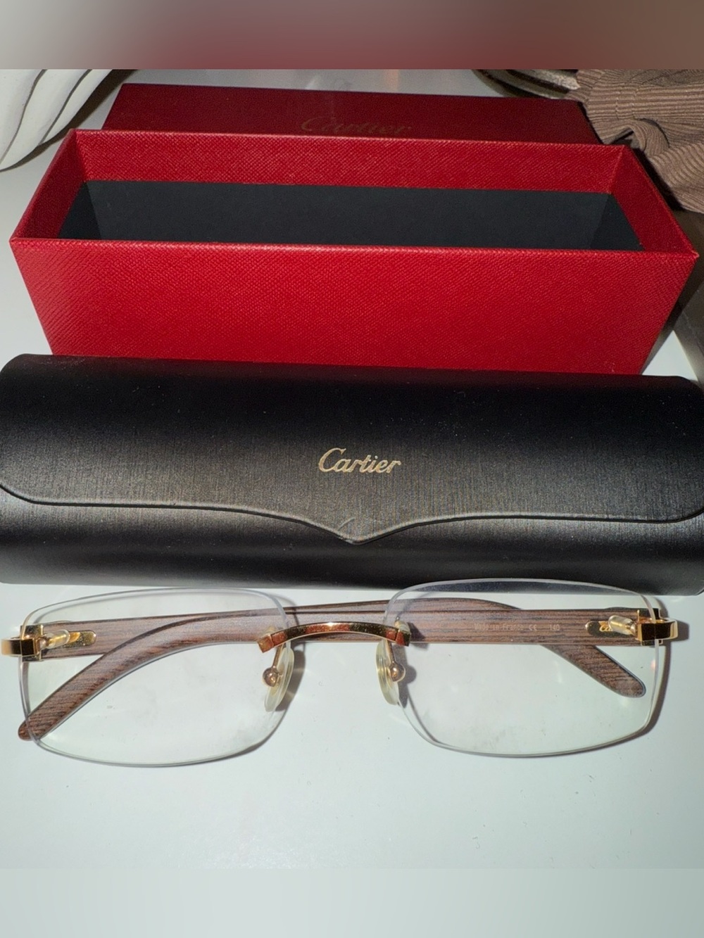 Cartier Rimless Wood-Accent Eyeglasses in Gold and Brown